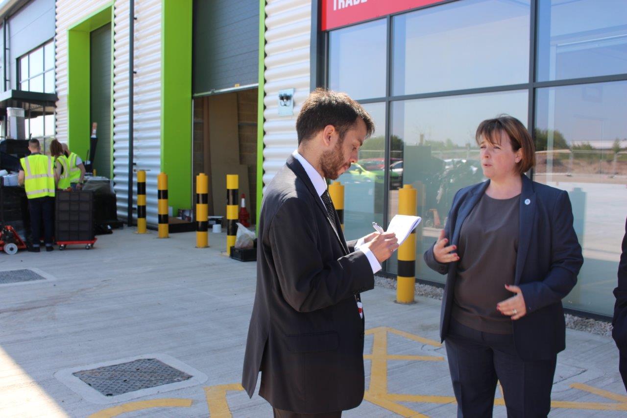 Talking to the press at Toolstation, Tunstall