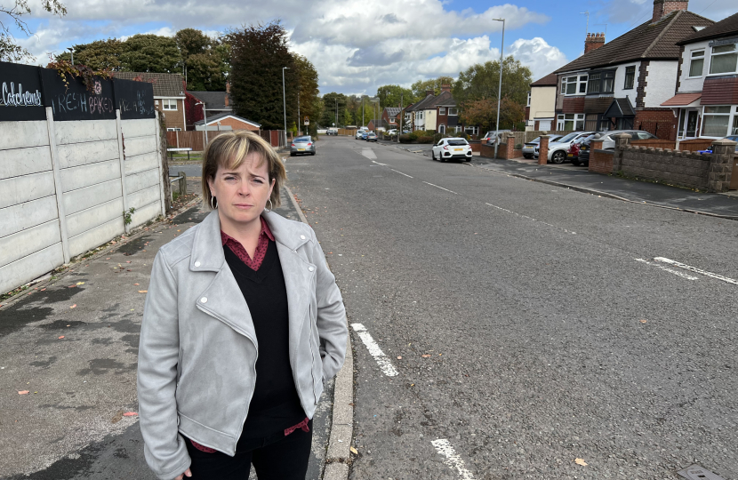 Abi Brown on Caverswall Lane, where she is keen to secure double yellow lines.