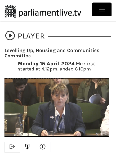 Screenshot of Abi Brown giving evidence to the Levelling Up, Housing and Communities Select Committee